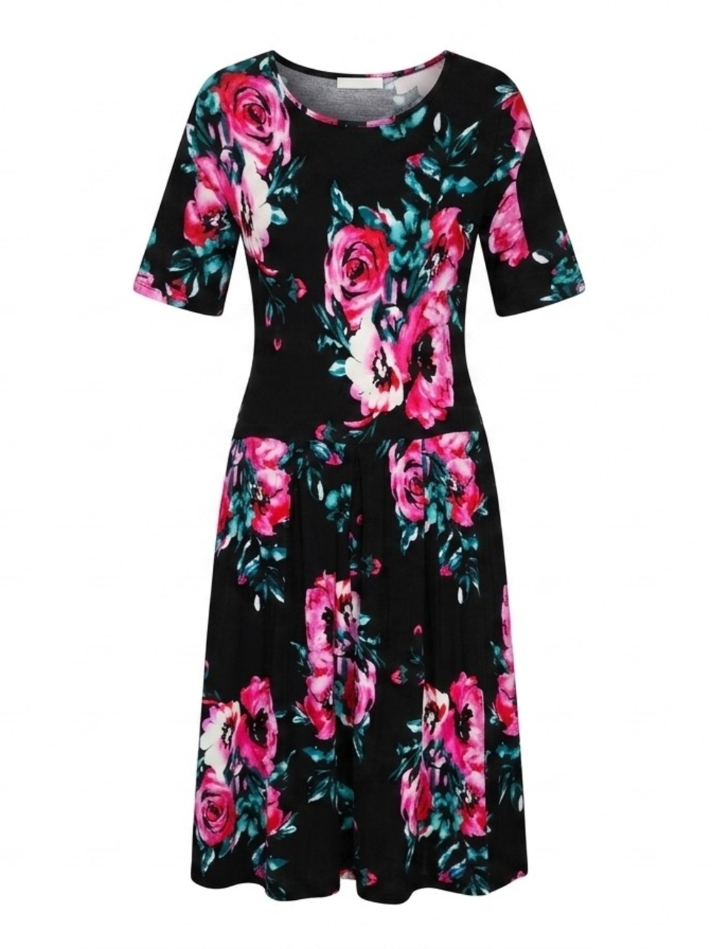 Black Midi Dress with Pink Rose Print Size 2XL